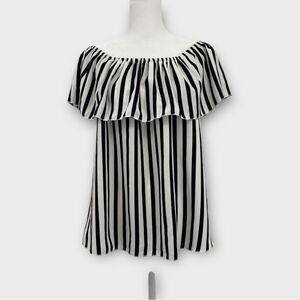 Catherine Malandrino Off The Shoulder Black and White Stripe Chiffon Blouse SZ S